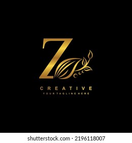 beautiful flourish gold letter Z logo design. initial letter Z. monogram, typography Z. Z luxurious logo with floral and leaf ornament. useful for company logo, business, boutique, wedding, brand, etc
