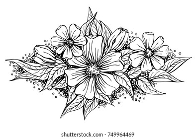 Beautiful flower arrangement, a black outline on a white background. Vector illustration. Doodle, tattoo idea, postcard ornament, anti-stress coloring page.