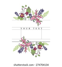 Beautiful flower background art with frame for text. Decorative floral elements.  Frame for wedding invitation. Floral label