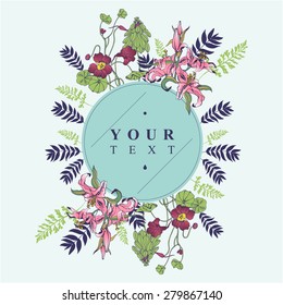 Beautiful flower background art with frame for text. Decorative floral elements.  Frame for wedding invitation. Natural cosmetic. Flower shop, market, boutique.