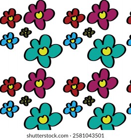 beautiful flower background. Cute hippie and groovy seamless pattern with colorful daisy flowers. Retro floral background