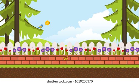 Beautiful Flower Bed Vector Illustration. Flowering Garden in Spring. Landscape Background.