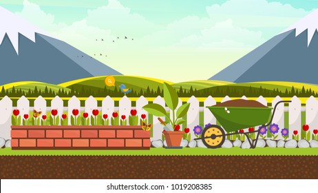 Beautiful Flower Bed Vector Illustration. Flowering Garden in Spring. Landscape Background.