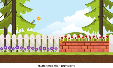 Beautiful Flower Bed Vector Illustration. Flowering Garden in Spring. Landscape Background.