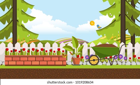 Beautiful Flower Bed Vector Illustration. Flowering Garden In Spring. Landscape Background.