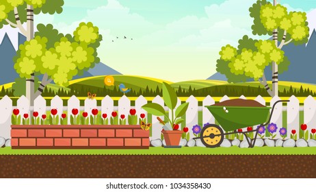 Beautiful Flower Bed Vector Illustration. Flowering Garden in Spring. Landscape Background.