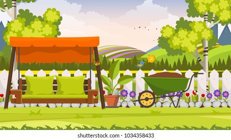 Beautiful Flower Bed Vector Illustration. Flowering Garden in Spring. Landscape Background.