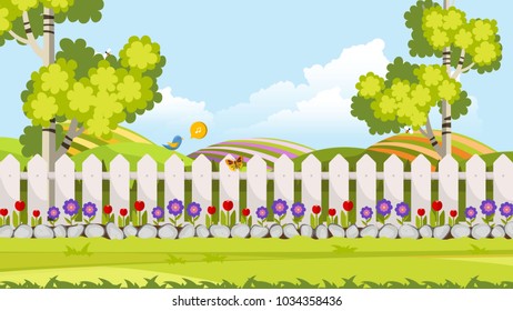 Beautiful Flower Bed Vector Illustration. Flowering Garden in Spring. Landscape Background.