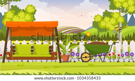Beautiful Flower Bed Vector Illustration. Flowering Garden in Spring. Landscape Background.