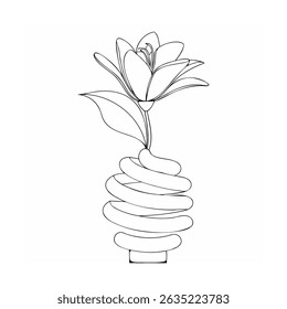 Beautiful flower blossoming from a stylish energy-efficient light bulb vector illustration in monochrome design