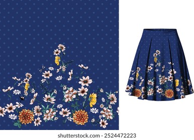 Flor bonita, borda no fundo azul e ponto. Luxuoso, padrão clássico. Padrão de vestido de moda. O motivo vai dos pés à cintura. Combinado com maquete de vestido longo.