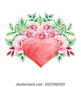 Beautiful Flower and botanical leaf heart shape watercolor hand painting illustration for love wedding valentines day or arrangement invitation design greeting card.