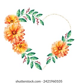 Beautiful Flower and botanical leaf heart shape watercolor hand painting illustration for love wedding valentines day or arrangement invitation design greeting card.
