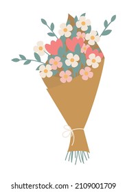 Beautiful flower bouquet wrapped in brown paper. Cute cards, content , banner, sticker label and posters for spring holiday. Gift for wedding, holiday concept. Hand drawn flat vector illustration.