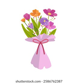 Beautiful flower bouquets in wrapping and blooming plant. Florist illustration on white background