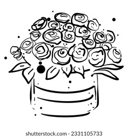 Beautiful flower box vector hand drawn fashion sketch. Black and white sketch. Isolated element on white backdrop. Fashion vector illustration.