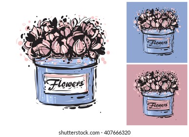 Beautiful flower box vector hand drawn fashion sketch. Label with glamour vogue flower box. Isolated element on white, pink and blue background. Fashion vector illustration.