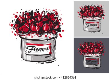 Beautiful flower box vector hand drawn fashion sketch. Label with glamour vogue flower box. Isolated element on white, gray and black background. Fashion vector illustration.