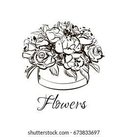 Beautiful flower box vector hand drawn fashion sketch. Label with glamour vogue flower box. Black and white sketch. Isolated element on white backdrop. Fashion vector illustration.