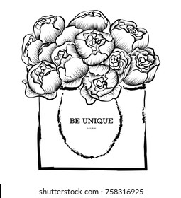 Beautiful flower box vector hand-drawn fashion sketch. Label with glamour vogue flower box. Isolated element on white backdrop in wooden frame. Fashion vector illustration.