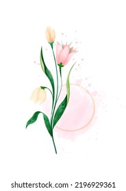 Beautiful flower with brunch in watercolors style on pink color and white background.