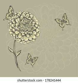 beautiful flower with butterflies. Hand-drawn contour lines and watercolor effect . Perfect for background greeting cards and invitations to the day of the wedding, birthday and Valentine's Day