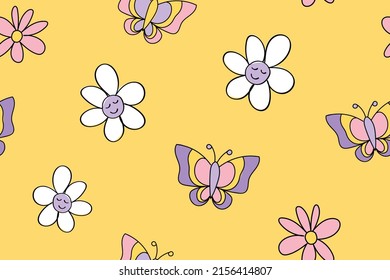 Beautiful flower and butterfly cartoon drawings, groovy hippy style. Seamless pattern repeating texture background design for fashion graphics, textile prints, fabrics, wallpapers.