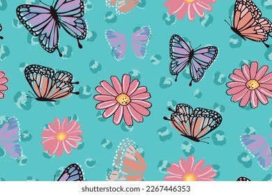 Beautiful flower and butterfly drawings. Seamless pattern repeated texture background design for fashion, textile. Vector illustration.