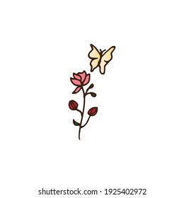 handgezeichnete Blume mit Schmetterling auf weißem Hintergrund.