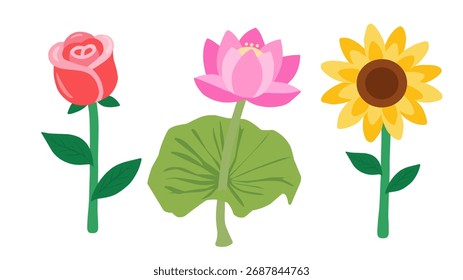 Beautiful flower collection in flat cute style featuring rose, lotus, and sunflower for botanical design projects. Perfect for print design, pattern making, stickers, or digital illustration sets.