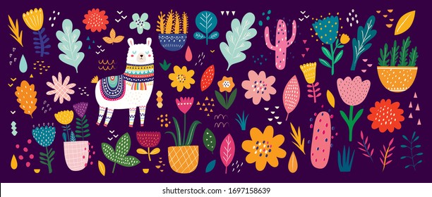 Beautiful flower collection with flowers, llama, leaves. Modern colorful vector pattern	