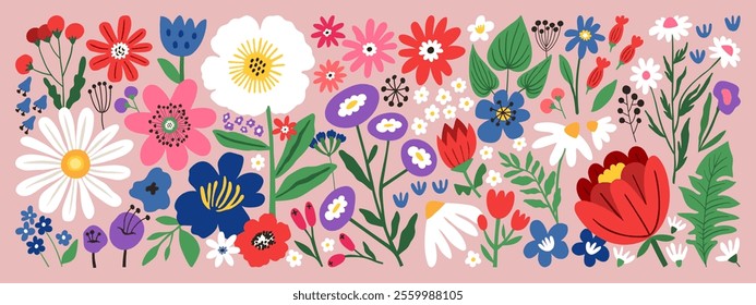 Beautiful flower collection with hand-drawn floral elements. Blossom botanical vector set for decor, easter, sticker, clipart, print