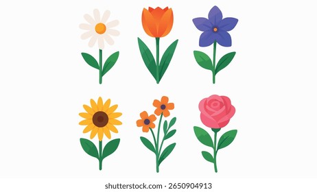 Bela Coleção de flores Ilustração Rosa, Girassol, Tulipa, Daffodil, e Lavanda em flor para decoração botânica, arte da natureza, e casamento de design floral