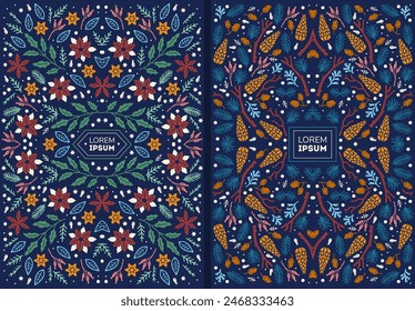 Beautiful flower collection of posters with doodles floral with poinsettia, pine cone, spruce, branch, leaves, floral bouquets, flower compositions. Notebook covers