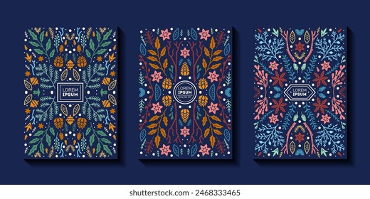 Hermosa colección floral de afiches con doodles florales con nochebuena, cono de pino, abeto, rama, hojas, ramos florales, composiciones florales. Fundas para portátiles