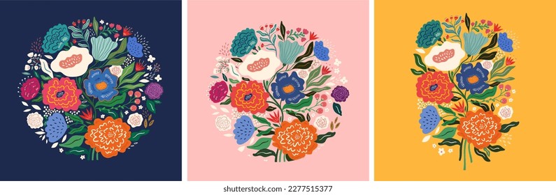 Beautiful flower collection of posters with roses, leaves, floral bouquets, flower compositions. 