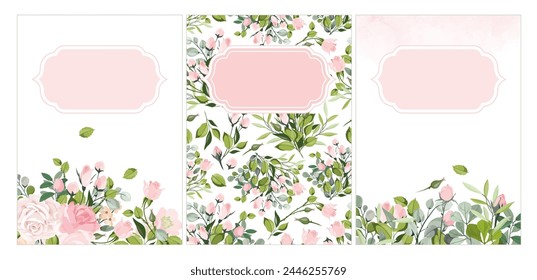 Beautiful flower collection of posters with roses, leaves, floral bouquets, flower compositions. Notebook covers