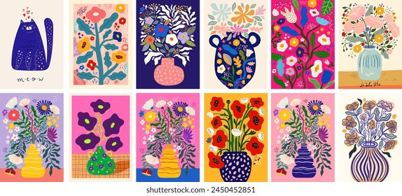 Beautiful flower collection of posters with roses, leaves, floral bouquets, flower compositions. Notebook covers. 12 modern posters 50x70 cm