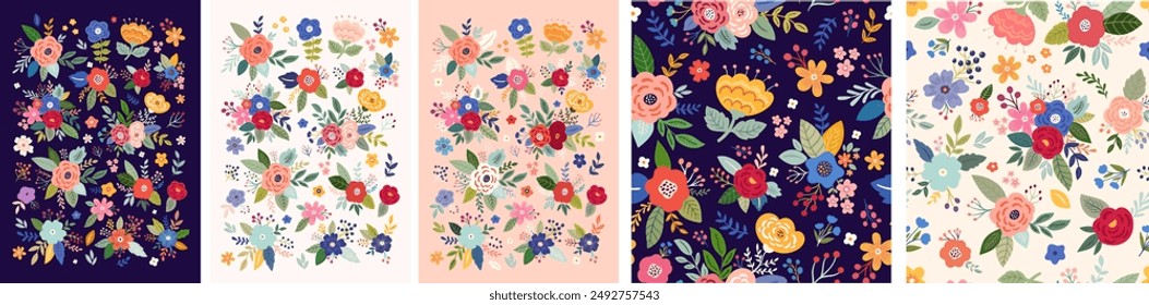 Beautiful flower collection of posters and seamless patterns with roses, leaves, floral bouquets, flower compositions. Notebook covers	