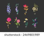 Beautiful flower collection with roses, leaves, daisies, blueberries, snapdragons. Perfect for making bouquets and flower arrangements. Trending flat vector illustration.