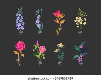 Hermosa colección floral con rosas, hojas, margaritas, arándanos, dragones. Perfecto para hacer ramos y arreglos florales. Ilustración vectorial plana de tendencia.