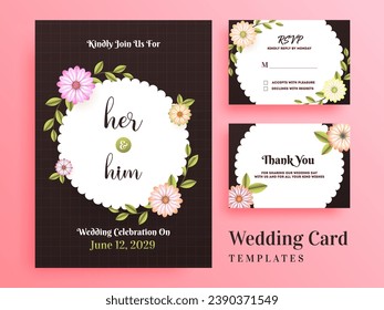 Beautiful flower decorated invitation template design with rsvp and thank you card layout in Brown and White Color.