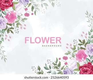 Beautiful flower design background with vibrant, colorful blossoms and delicate leaves. Ideal for spring and summer themes, perfect for invitations, wallpapers, greeting cards, and web design.