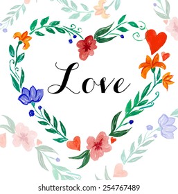 beautiful flower design - floral frame with leaves, hearts and butterflies, isolated on white background - vector illustration in hand drawn watercolor style