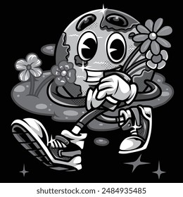 So Beautiful Flower Earth Retro Cartoon Black and White Illustration