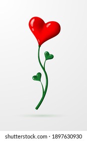 A beautiful flower in the form of a bright red heart with a green stem. Vector illustration.