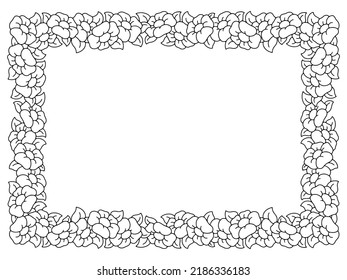 Beautiful flower frame. Coloring page. Design element for greeting card, wedding invitation, birthday. Vector illustration isolated on white background.