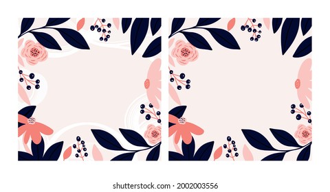 Beautiful flower frame with flowers and leaves, abstract plants, flowers, bright abstraction. Set of vector illustrations, for printing, postcards. Abstract floral pattern.

