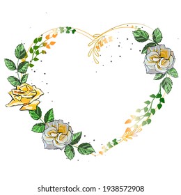 Hermoso marco floral en forma de corazón para el diseño. Amor. Día de San Valentín. Elementos de bifurcación con hojas de rosa, rosas cremas y amarillas. Spray. Puntos. Ilustración vectorial. Eps 10.