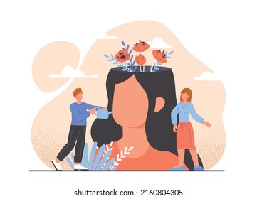 Beautiful Flower Garden Inside Head. Mental Health And Psychological Stability. People Watering Plants On Head. Taking Care Of Mind. Help And Support For Happy Life. Cartoon Flat Vector Illustration.